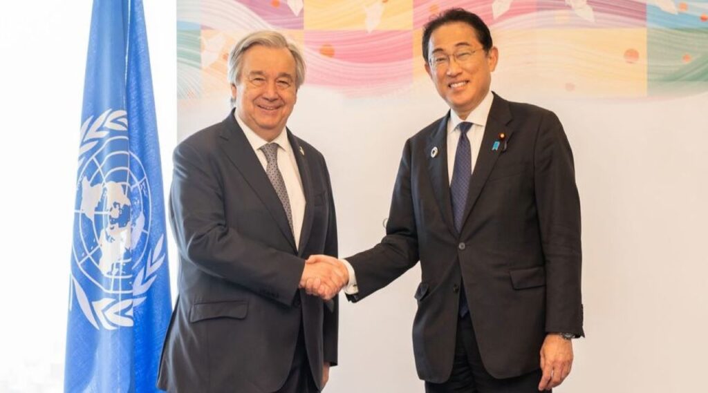 During the G7 Hiroshima Summit 2023, United Nations Secretary-General António Guterres had a productive meeting with Fumio Kishida, the Prime Minister of Japan.